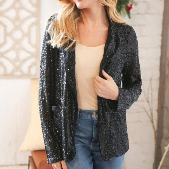 New- Black Sequin Lapel Collar Pocketed Holiday Jacket - 3X - Picture 5 of 5